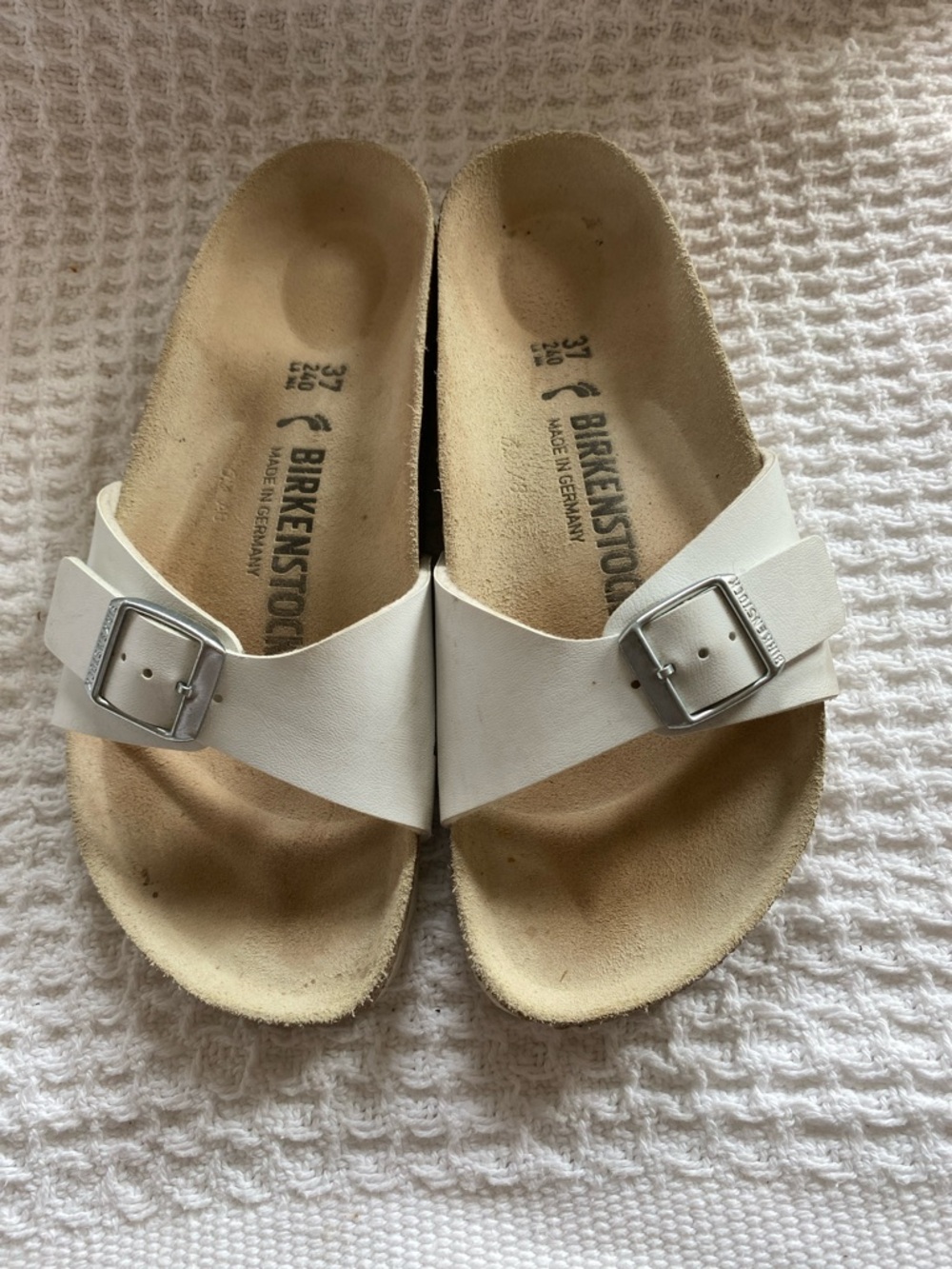 Birkenstock White Single Strap Slip-On Sandals with Silver Buckle